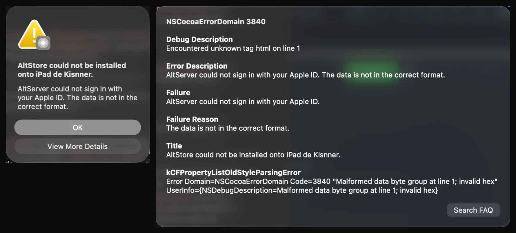 AltServer dialog showing NSCocoaErrorDomain 3840, unknown tag html