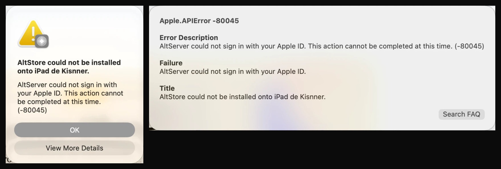 AltServer dialog showing Apple.APIError -80045