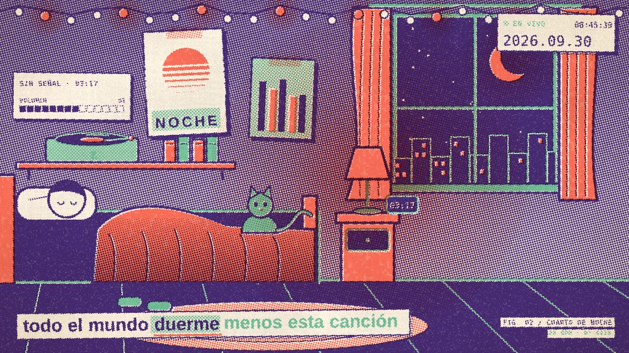 escena cuarto de noche: cama, gato, lámpara, guirnalda de focos al ritmo