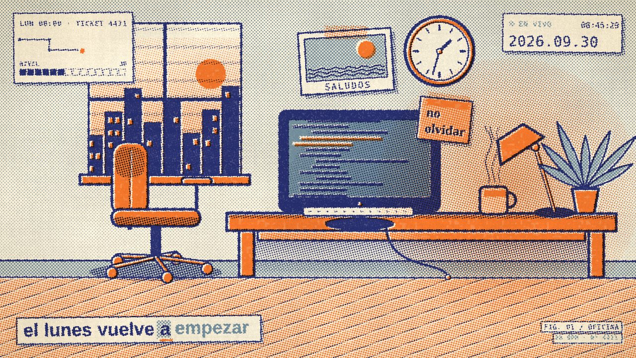 escena oficina: silla giratoria, monitor con código, ventana con brillo